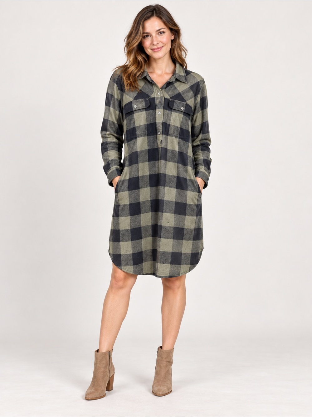 Duluth Trading Co Free Swingin Flannel Shirt Dress Large Olive Back Button VGUC
